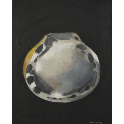 385 - Arthur Hackney '64 - Round pebble on black ground, 1960s oil on canvas, inscribed verso, mounted and... 