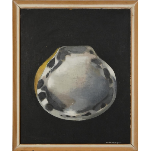 385 - Arthur Hackney '64 - Round pebble on black ground, 1960s oil on canvas, inscribed verso, mounted and... 