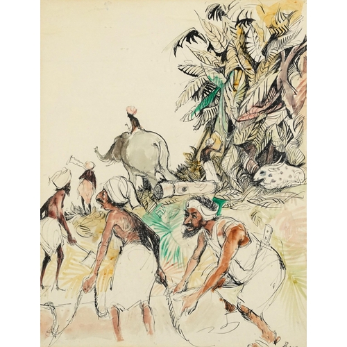 502 - Figures clearing trees before an elephant, Middle Eastern ink and watercolour, Penns Gallery label v... 