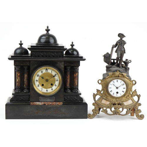 2336 - Two 19th century mantle clocks comprising a Rococo style figural spelter and brass example and a bla... 