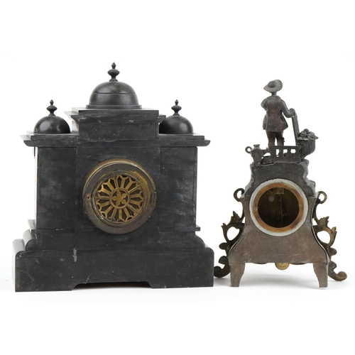 2336 - Two 19th century mantle clocks comprising a Rococo style figural spelter and brass example and a bla... 