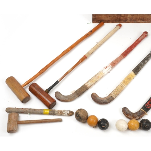 1181 - Vintage Jaques lawn croquet set housed in a pine case, the case 110.5cm wide