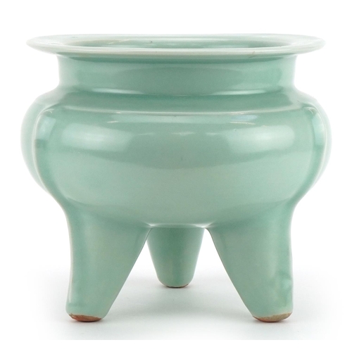 2341 - Unusually large Chinese lobed tripod censer having a celadon glaze, 19cm high x 29cm in diameter