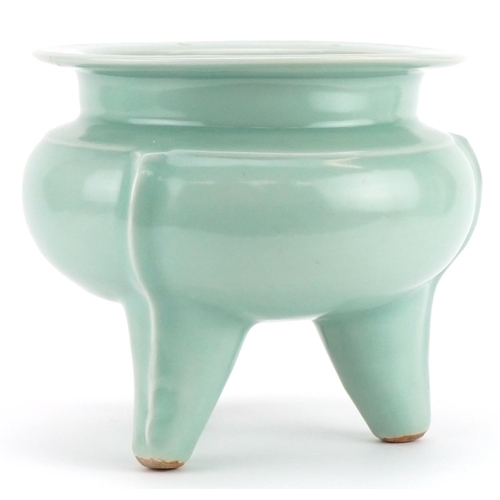 2341 - Unusually large Chinese lobed tripod censer having a celadon glaze, 19cm high x 29cm in diameter