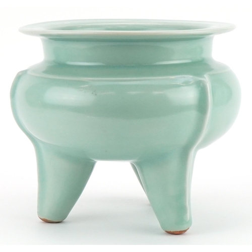 2341 - Unusually large Chinese lobed tripod censer having a celadon glaze, 19cm high x 29cm in diameter