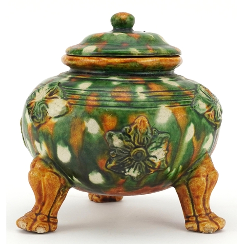 2355 - Chinese porcelain tripod censer and cover having a sancai glaze, 14cm high