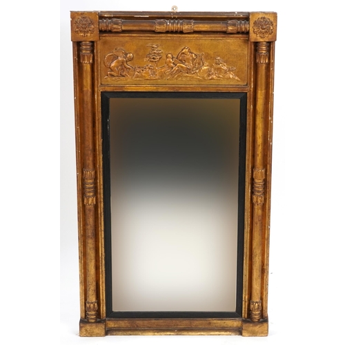 2172 - Gilt pier mirror with classical scene above bevelled glass, 103cm H x 60.5cm wide