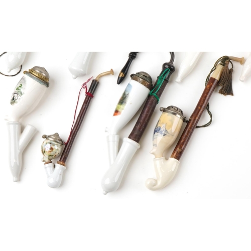 1305 - Ten vintage European Tyrolean tobacco smoking pipes with porcelain bowls decorated with deer and gam... 