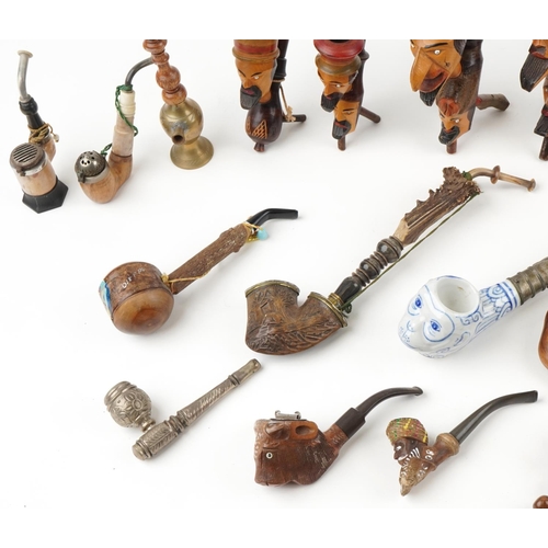 1323 - Collection of European tobacco smoking pipes, some Tyrolean, including an example with staghorn mout... 