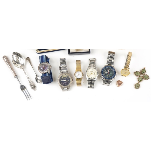 3724 - Jewellery, wristwatches and objects including silver backed clothes brush, silver cutlery, silver br... 