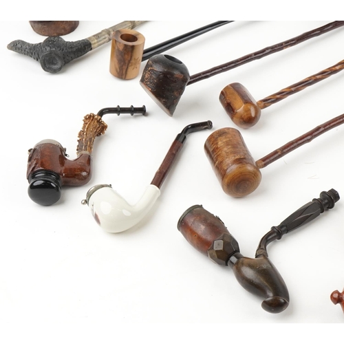 1322 - Collection of predominantly European tobacco smoking pipes including briar, European briar, Missouri... 