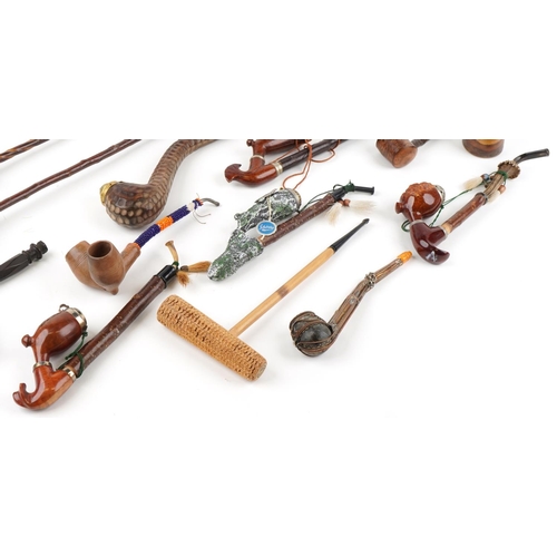 1322 - Collection of predominantly European tobacco smoking pipes including briar, European briar, Missouri... 