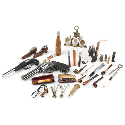 1287 - Vintage and later tobacco smoking pipes, cheroot holders, lighters and accessories including antique... 