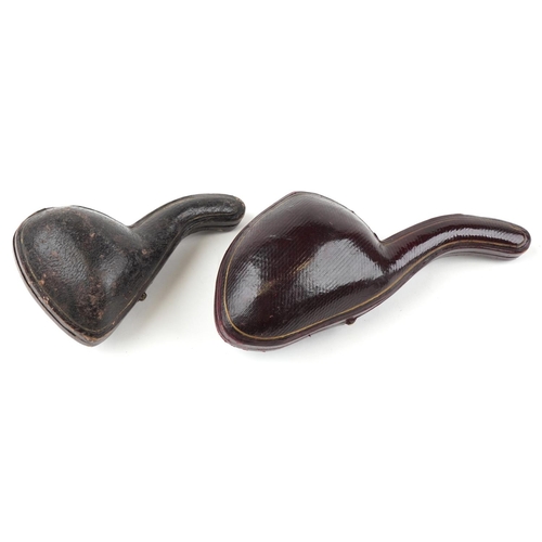 1251 - Three Meerschaum smoking pipes, two housed in velvet lined fitted cases, comprising bowls carved in ... 