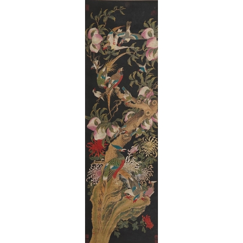 315 - Birds of paradise amongst peach trees, Chinese watercolour wall hanging scroll signed with red seal ... 