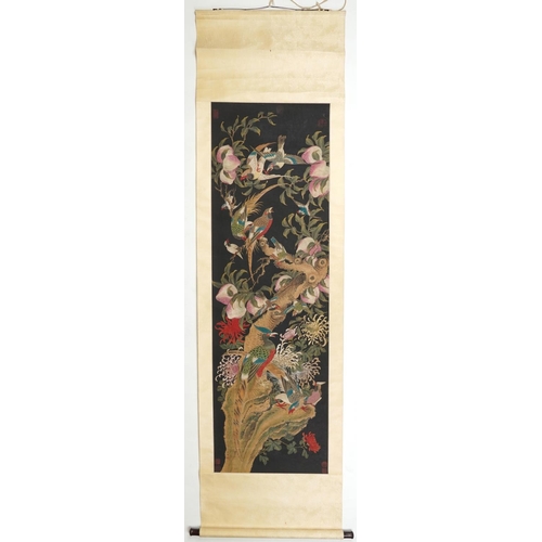 315 - Birds of paradise amongst peach trees, Chinese watercolour wall hanging scroll signed with red seal ... 