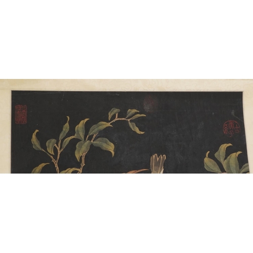 315 - Birds of paradise amongst peach trees, Chinese watercolour wall hanging scroll signed with red seal ... 