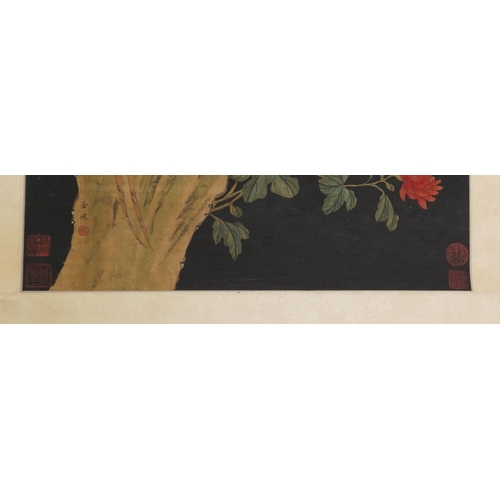 315 - Birds of paradise amongst peach trees, Chinese watercolour wall hanging scroll signed with red seal ... 