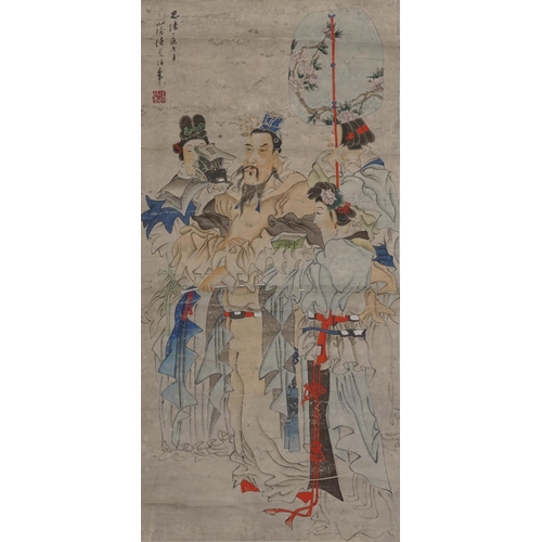 316 - Manner of Ren Bonian - Master served by his maid, Chinese ink and watercolour wall hanging scroll wi... 