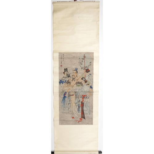 316 - Manner of Ren Bonian - Master served by his maid, Chinese ink and watercolour wall hanging scroll wi... 