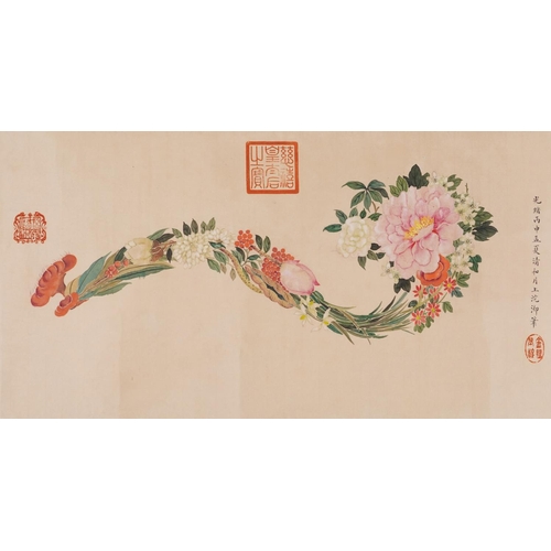 312 - Manner of Empress Dowager Cixi - Ruyi like bouquet, still life with calligraphy and red seal marks, ... 