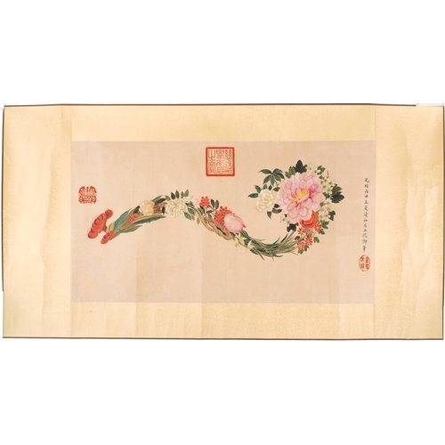 312 - Manner of Empress Dowager Cixi - Ruyi like bouquet, still life with calligraphy and red seal marks, ... 