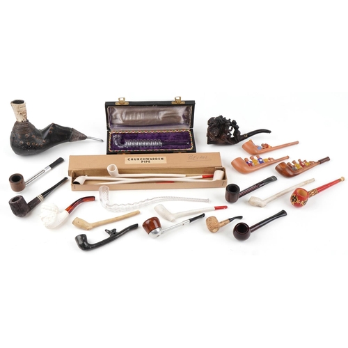 1313 - Tobacco smoking pipes including three terracotta Whole Dam Family, Meerschaum, glass and Falcon