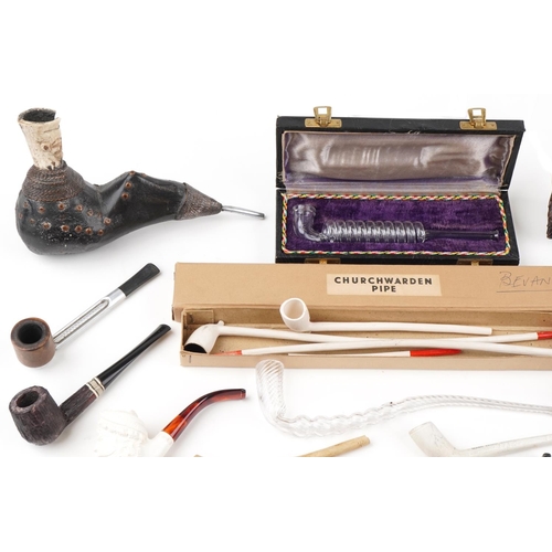 1313 - Tobacco smoking pipes including three terracotta Whole Dam Family, Meerschaum, glass and Falcon