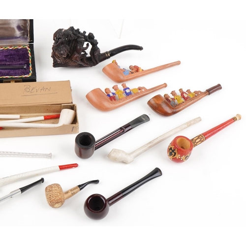 1313 - Tobacco smoking pipes including three terracotta Whole Dam Family, Meerschaum, glass and Falcon