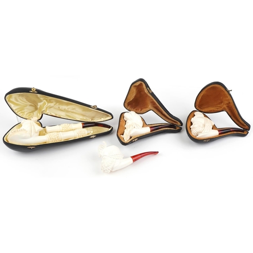 1254 - Four block Meerschaum tobacco smoking pipes, three with fitted cases, each with cherry amber coloure... 