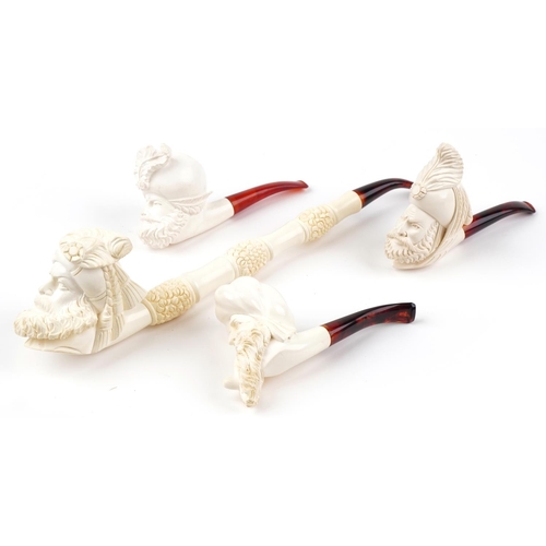 1254 - Four block Meerschaum tobacco smoking pipes, three with fitted cases, each with cherry amber coloure... 