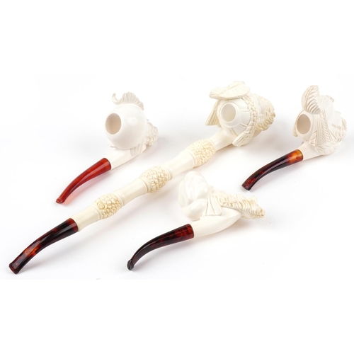 1254 - Four block Meerschaum tobacco smoking pipes, three with fitted cases, each with cherry amber coloure... 