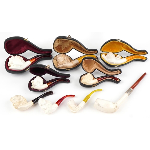 1255 - Nine block Meerschaum tobacco smoking pipes, five with fitted cases, including examples with bowls c... 