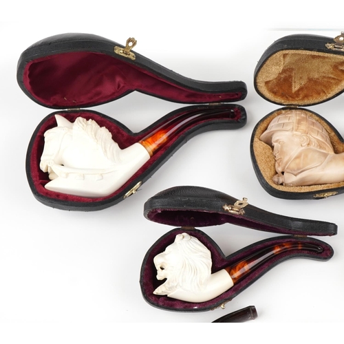 1255 - Nine block Meerschaum tobacco smoking pipes, five with fitted cases, including examples with bowls c... 