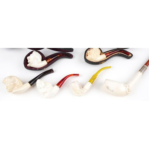 1255 - Nine block Meerschaum tobacco smoking pipes, five with fitted cases, including examples with bowls c... 