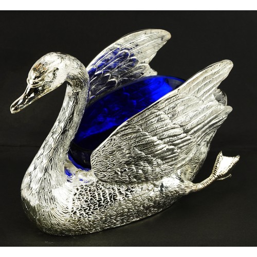 2588 - Silver plated table salt in the form of a swan with blue glass liner, 20.5cm in length