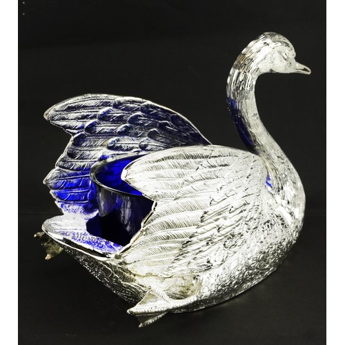 2588 - Silver plated table salt in the form of a swan with blue glass liner, 20.5cm in length