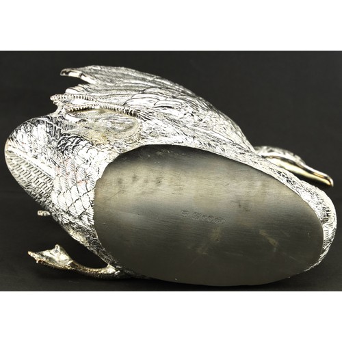 2588 - Silver plated table salt in the form of a swan with blue glass liner, 20.5cm in length