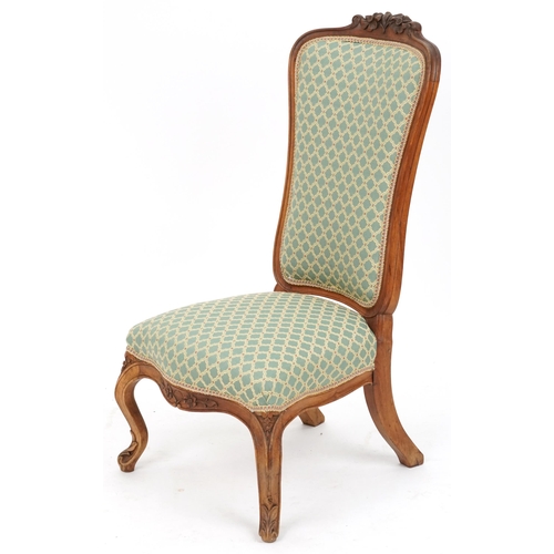 2061 - Victorian walnut bedroom chair carved with flowers having green floral upholstered back and seat, 91... 