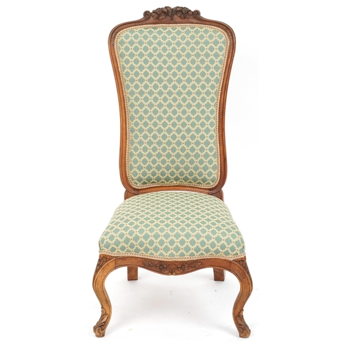 2061 - Victorian walnut bedroom chair carved with flowers having green floral upholstered back and seat, 91... 