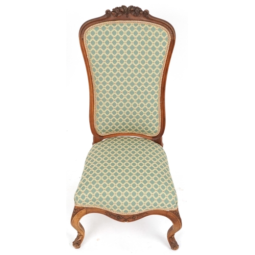 2061 - Victorian walnut bedroom chair carved with flowers having green floral upholstered back and seat, 91... 