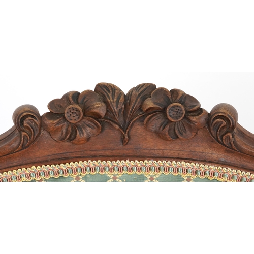 2061 - Victorian walnut bedroom chair carved with flowers having green floral upholstered back and seat, 91... 