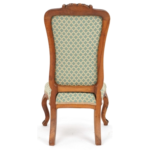 2061 - Victorian walnut bedroom chair carved with flowers having green floral upholstered back and seat, 91... 