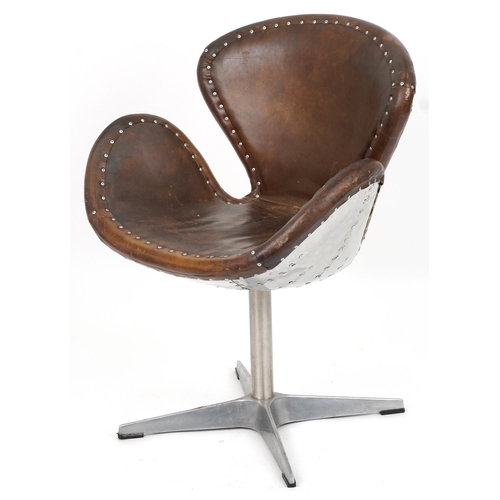 2016 - Timothy Oulton aviation interest Devon Spitfire swivel chair with brown leather upholstery, 90cm hig... 