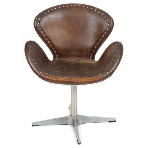 2016 - Timothy Oulton aviation interest Devon Spitfire swivel chair with brown leather upholstery, 90cm hig... 