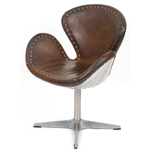 2015 - Timothy Oulton aviation interest Devon Spitfire swivel chair with brown leather upholstery, 90cm hig... 