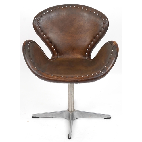 2015 - Timothy Oulton aviation interest Devon Spitfire swivel chair with brown leather upholstery, 90cm hig... 