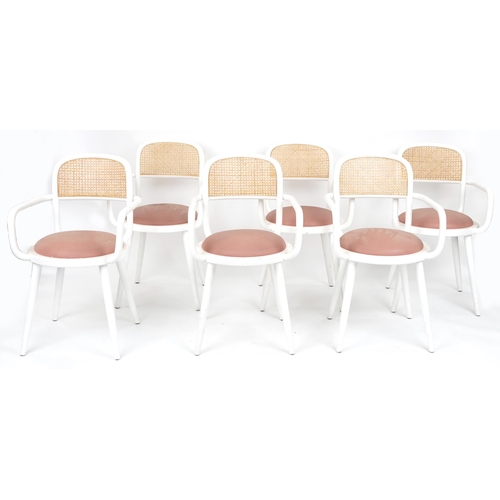 2153 - Set of six Italian bentwood bistro chairs with cane backs and salmon upholstered cushioned seats, ea... 