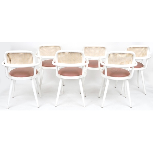 2153 - Set of six Italian bentwood bistro chairs with cane backs and salmon upholstered cushioned seats, ea... 