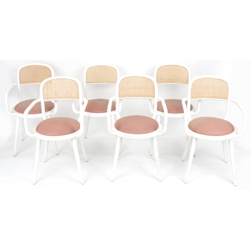 2152 - Set of six Italian bentwood bistro chairs with cane backs and salmon upholstered cushioned seats, ea... 